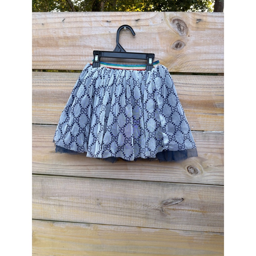 Girls Blue Monogram Tulle Skirt Metallic Rainbow Waistband Mini Skirt